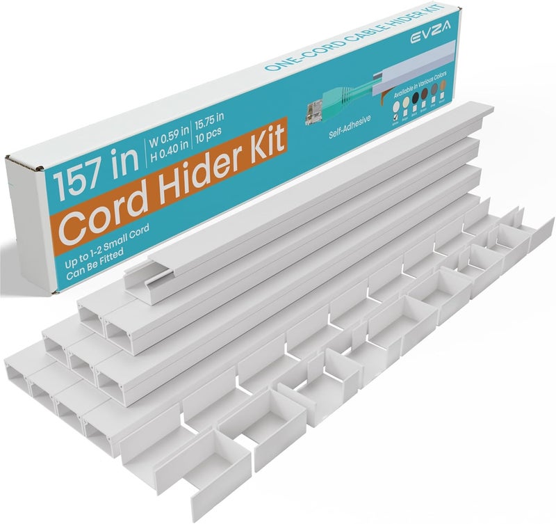EZA 157in Cord Hider for 1-2 Wire, Self Adhesive One-Cord Channel Cable Concealer, Paintable Cable Covers for TV Cords on Wall, Cable Raceway Kit for Extension Cord, Ethernet Cables, Speaker Wires - Image 1